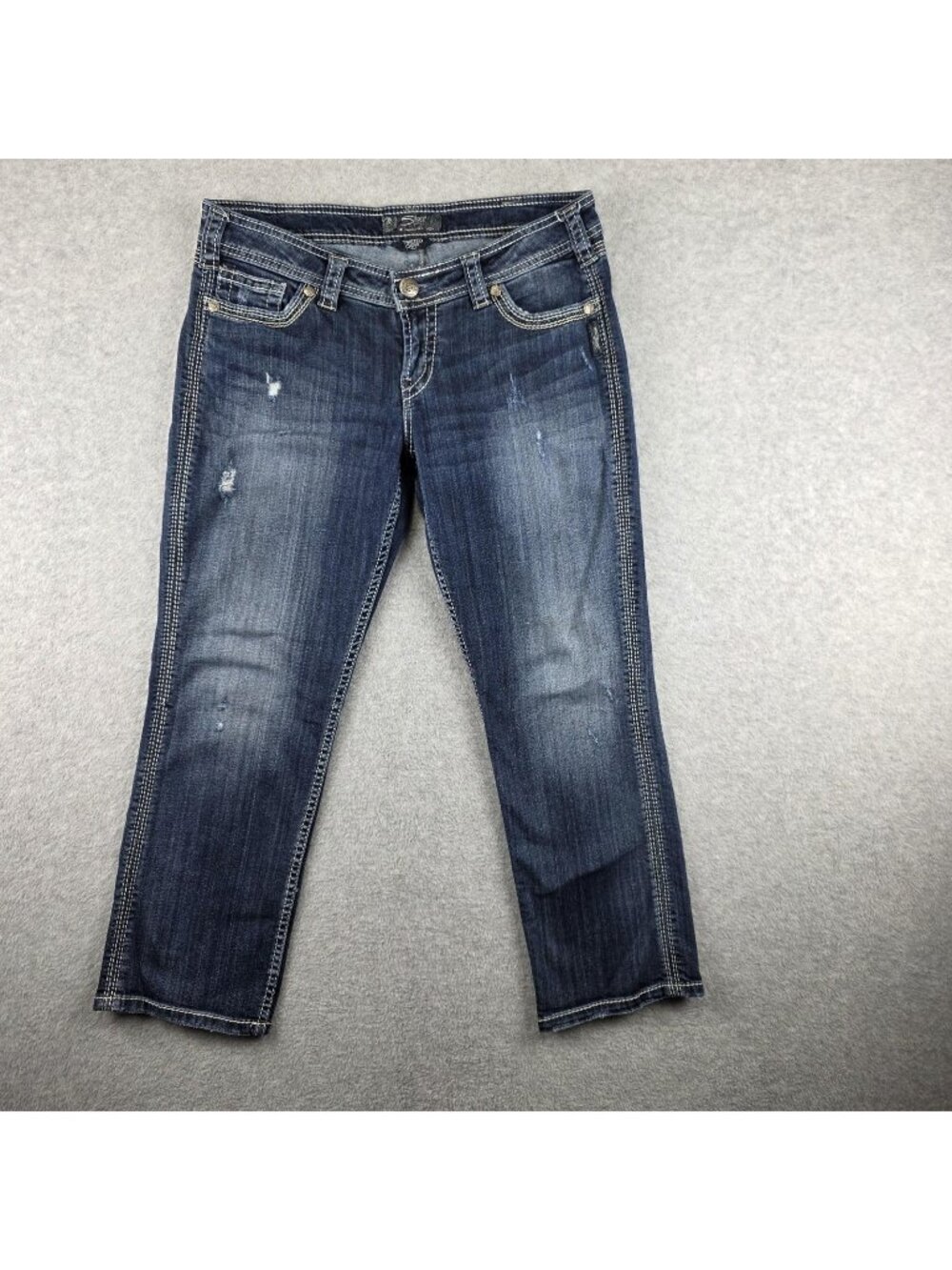 Silver Jeans Co Twisted Capri Jeans Womens 30 Blue Stretch Distressed